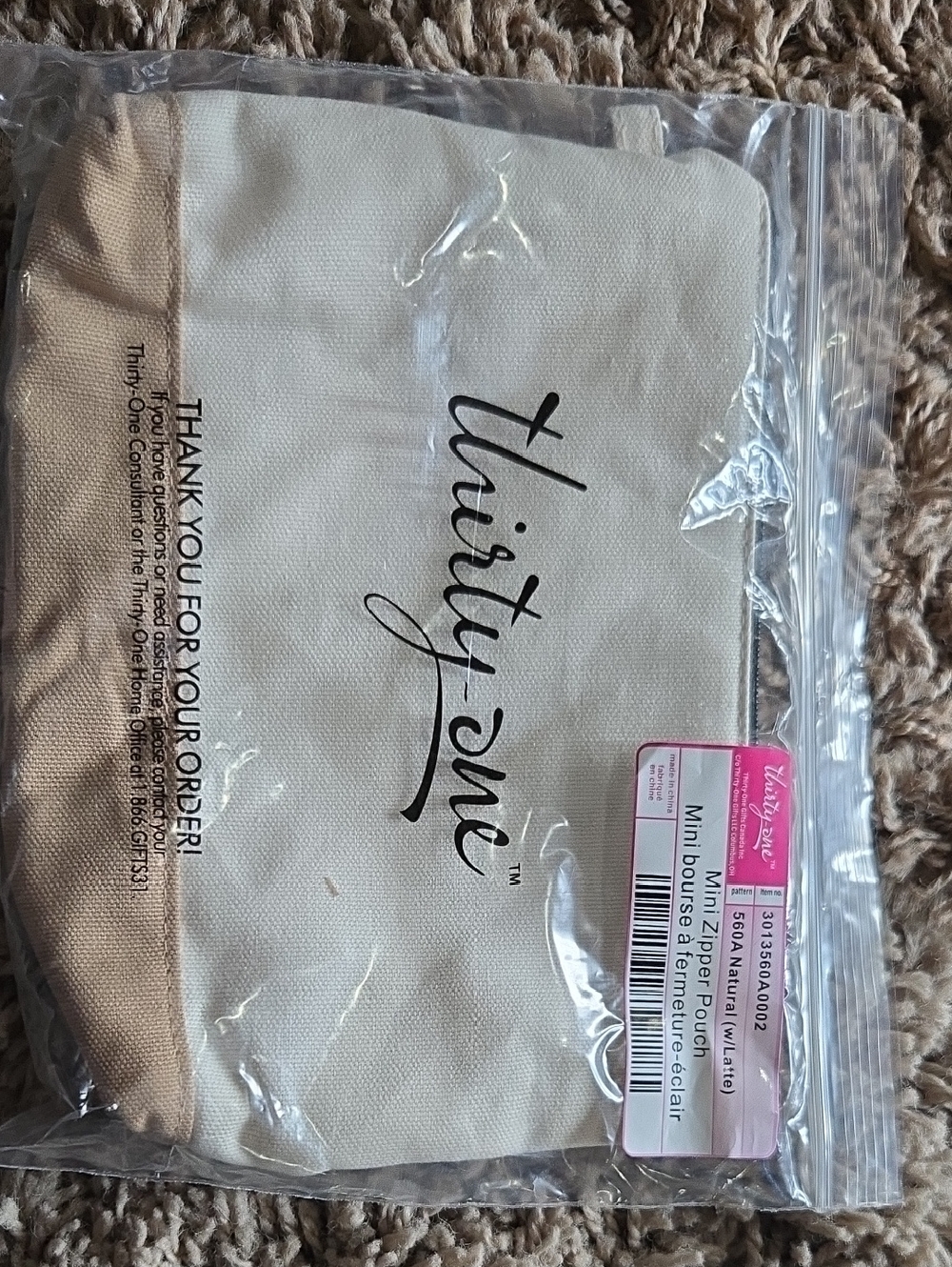 thirty-one Cream Canvas Mini Pouch with Tan Trim NWT